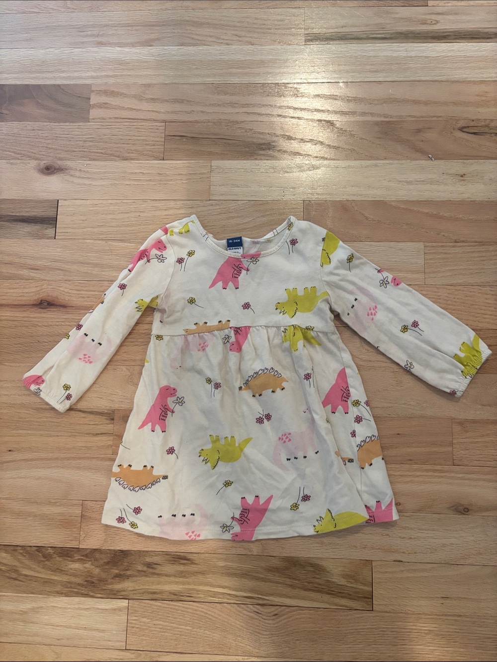 Old Navy Cream Long-Sleeve Dress with Pink & Yellow Dinosaur Print